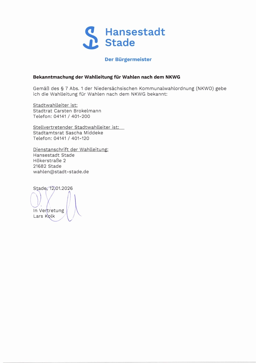Bekanntmachung der Wahlleitung für Wahlen nach dem NKWG&nbsp;&copy;&nbsp;Hansestadt Stade