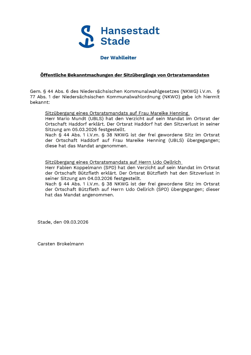 Bekanntmachung_Sitzübergang_Mundt_ Koppelmann&nbsp;&copy;&nbsp;Hansestadt Stade