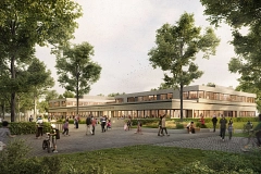Bildungscampus Riensförde - Ansicht KiTa/Grundschule Visualisierung des künftigen Bildungscampus Riensförde mit Blick auf das Kita- beziehungsweise Grundschul-Gebäude