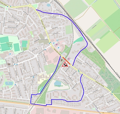 Karte der Hansestadt Stade mit eingezeichneter Umleitung für Fahrradfahrende und diejenigen, die zu Fuß unterwegs sind