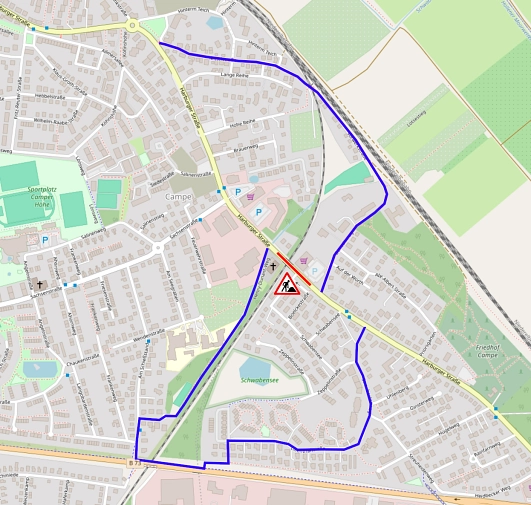 Karte der Hansestadt Stade mit eingezeichneter Umleitung für Fahrradfahrende und diejenigen, die zu Fuß unterwegs sind