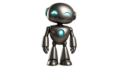 Ein freundlich lächelnder, stilisierter Roboter mit glänzender, dunkelgrauer Metalloberfläche steht frontal vor weißem Hintergrund. Der Roboter hat leuchtend türkisfarbene Augen, ein rundes Licht in der Brust und abgerundete Gliedmaßen.