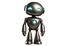 Chatbot - Roboter Ein freundlich lächelnder, stilisierter Roboter mit glänzender, dunkelgrauer Metalloberfläche steht frontal vor weißem Hintergrund. Der Roboter hat leuchtend türkisfarbene Augen, ein rundes Licht in der Brust und abgerundete Gliedmaßen.