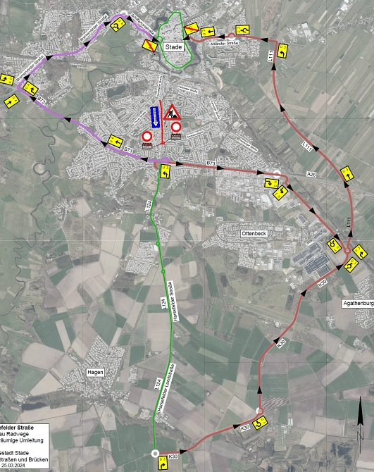 Dieser Plan zeigt die großräumige Umleitung aufgrund der Bauarbeiten auf der Harsefelder Straße