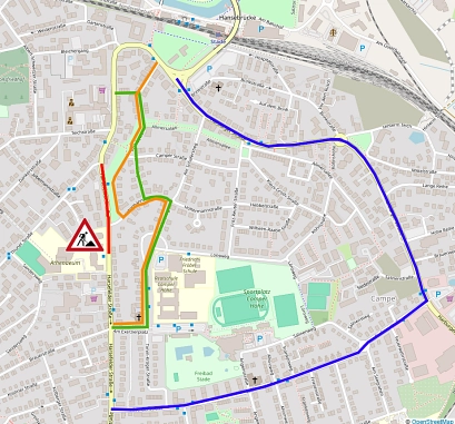 Die Karte zeigt Umleitungen für Radfahrende (grüne Linie), Busse (orangefarbene Linie) und Pkw (blaue Linie). Die Karte lässt sich mit einem Klick vergrößern