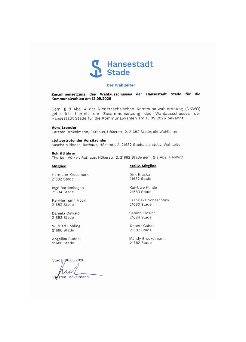 Zusammensetzung Wahlausschuss 2026&nbsp;&copy;&nbsp;Hansestadt Stade